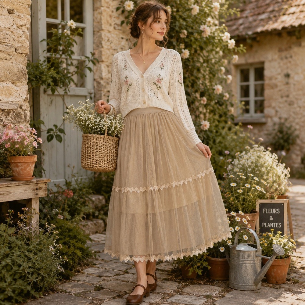 Boho Tulle Lace Tiered Midi Skirt One Size Beige Cottage Fairy Grunge‎ Ethereal